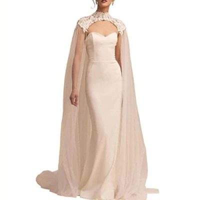 Image of Danlai White Bridal Cloak Tulle Wedding Cape Cathedral Lace Appliques Long Evening Wrap Shawl Accessories