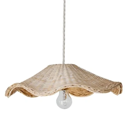 Image of Hand Woven Rattan Lamp Shade Unique Wave Wicker 17 x 5 Inch Boho Light Pendant