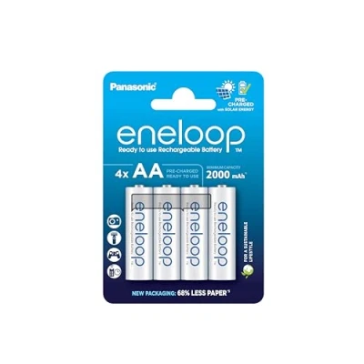 Image of eneloop, AA/Mignon, Rechargeable Battery, Pack of 4, Capacity 2000 mAh, Ready to Use Ni MH Batteries, Recharge Cycles, Plastic Free Packaging, Standard, White