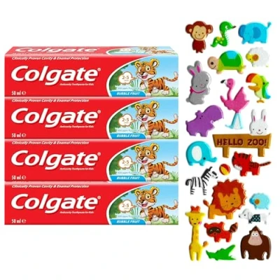 Image of 4 Pack Bundle Colgate Kids Bubble Fruit Toothpaste, x 50ml, Ages 2 5 Years. A Hadco with Our Complimentary Puffy Sticker Sheet (Sticker Design Picked at Random)