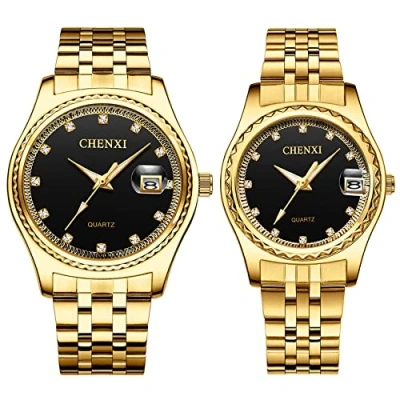 Image of JewelryWe Luxury Couple Watches Gold Silver Tone Stainless Steel Quartz Calendar Wristwatch Rhinestone His and Her Watch Set, for Anniversary, Wedding, Valentine&#039;s Day