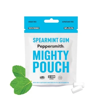 Image of Peppersmith British Spearmint Gum Vegan Friendly 100% Plant Based Xylitol Natural Flavours Freshens Breath Sugar Free Benefits Oral Health Mighty Box 33 Pieces