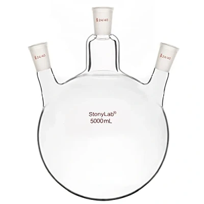 Image of StonyLab Borosilicate Glass 3 Neck Round Bottom Flask RBF, with 24/40 Center and Side Standard Taper Outer Joint (5L)