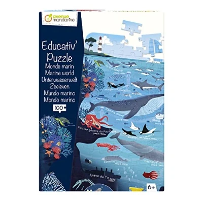 Image of Avenue Mandarine PU024C Educational Puzzle, Marine World Puzzle For Children 10 Pieces Poster Included Translation Sheets From 6 years old