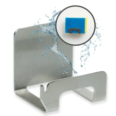 Image of MM Steel Styles Kitchen Sponge Holder Stainless Dish / Sink Self Adhesive with Cloth Made in Germany