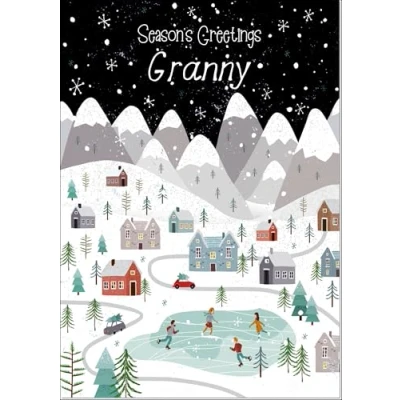 Image of doodlecards Granny Christmas Card Mountain Scene In Snowy Village Medium Size for with Plain Envelope