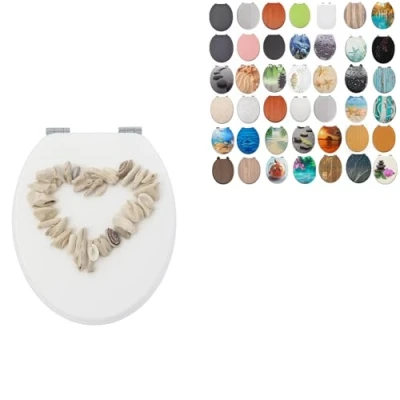 Image of 18&quot; MDF Toilet SEAT Universal Adjustable Fit Most Toilets Oval Seat┃Bathroom Standard Wooden WC +Fittings (Beach &amp; Heart Shells)