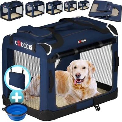 Image of Cadoca® XXXL Dog Crate 101x68x65cm Foldable Breathable Car Pet Transport Box Travel Robust Vet Holiday Cat Carrier Puppy Kitten Rabbit Navy Blue