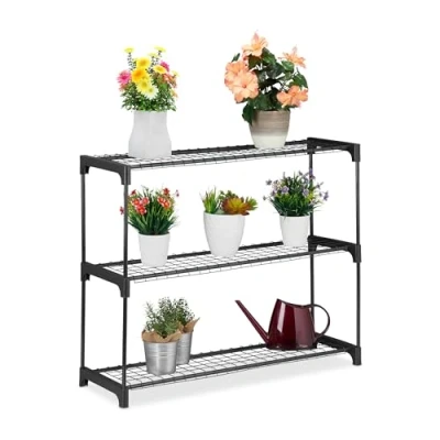 Image of Relaxdays Plant Shelf, 3 Levels, for Flower Pots and Decorations, Indoor, Metal &amp; Plastic, HWD: 72 x 91 28 cm, Black, Steel
