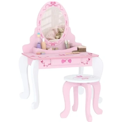 Image of AIYAPLAY Kids Dressing Table Set, 2 PCS Children Vanity with Stool, Mirror, Drawer, Desktop Storage, Ballet Theme Girls Makeup Desk &amp; Chair, Pink
