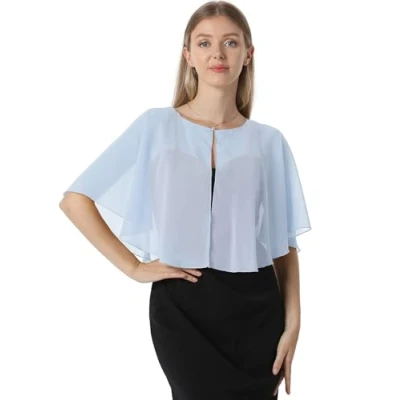 Image of Soft Capelets capes Shawls and Wraps for Dress Chiffon Shrug Wedding Cape Cover Up, Sky Blue, One Size