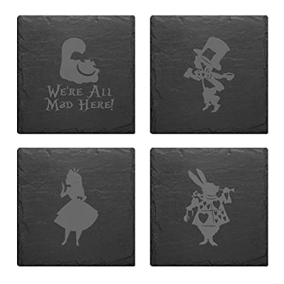 Image of Alice In Wonder Land Rabbit Mad Hatter Slate Mat Engraved Set Of 4 Coasters (Alice Wonderland Mix)