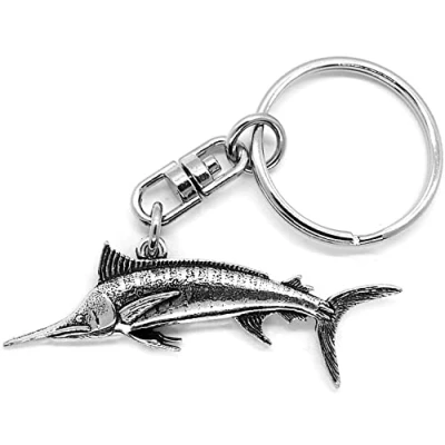 Image of Marlin Fish Silver Pewter Keyring (single sided) in an organza pouch