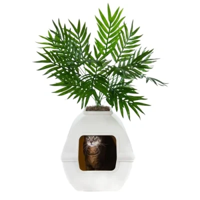 Image of Good Pet Stuff, The Courtyard Hidden Litter Box, Artificial Plants &amp; Enclosed Square Cat Planter Vented Odor Filter, Easy to Clean, White Birch