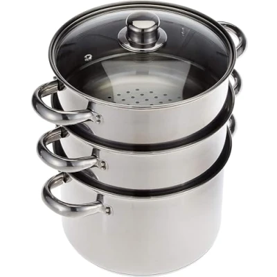 Image of KitchenCraft 3 Food Steamer Pan/Stock Pot, tier, Induction Safe, Stainless Steel, in Gift Box, 22 cm (9&#039;&#039;), Silver