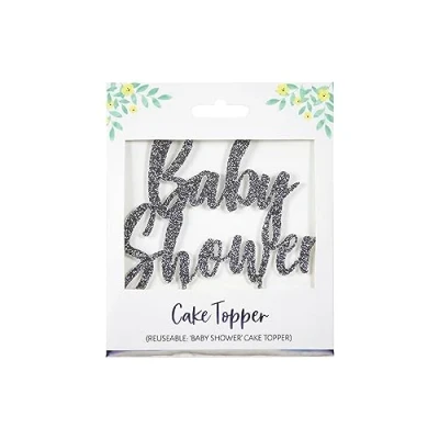 Image of Eurowrap Silver Glitter Baby Shower Cake Topper Decoration Resuable