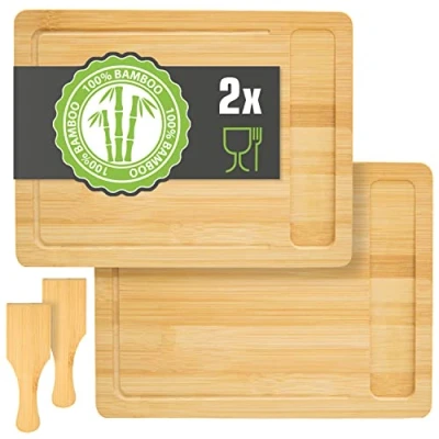 Image of DuneDesign with Built in Tray: Set of 2 Bamboo Cutting Boards 30x22 Kitchen Chopping Board Breakfast Wooden Serving Easy to Clean