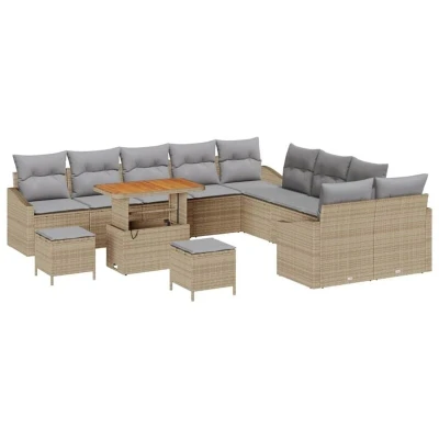 Image of vidaXL 13 Piece Garden Sofa Set with Cushions Beige Poly Rattan Acacia