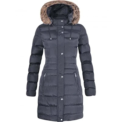 Image of Spindle Womens Long Fur Trimmed Hooded Padded Puffer Parka Ladies Winter Jacket Coat Blue 10