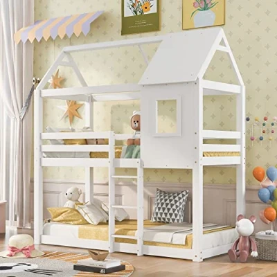 Image of Merax Bunk Bed, Wooden Beds for Kids with Ladder, Children&#039;s Bed Frame, Wood House Loft Cabin Treehouse Kids, Teenagers (White, 190x90cm)