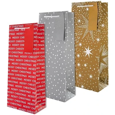 Image of Hallmark Christmas Bottle Bags, 3 Festive Designs, Pack of 3, Red, Gold, Silver