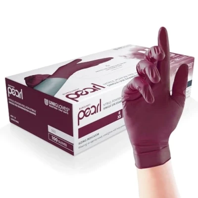 Image of Unigloves Burgundy Pearl Nitrile Examination Gloves Multipurpose, Powder Free and Latex Disposable Box of 100 Gloves, Burgundy, Small (GP0122), packaging may vary