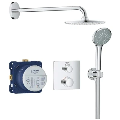 Image of GROHE Grohtherm Concealed Shower Set for Final Installation with Aquadimmer (Shower Arm 422 mm, 210 mm Head Shower, 110 Hand Hose 1.25 m, Thermostat), Chrome, 34734000