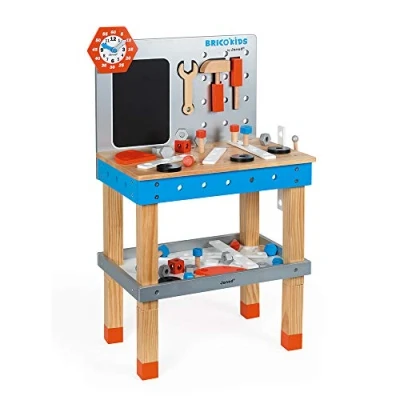 Image of Janod Brico&#039;Kids Giant Wooden Workbench Imitation Toy 40 Accessories and 3 Tools Included Blue Red from Years Old, J06477