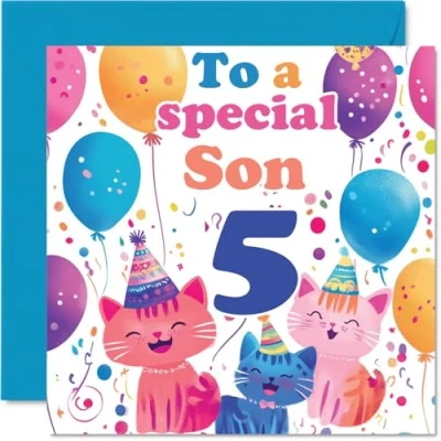 Image of 5th Son Birthday Card Cute Cats Special Happy for from Mum Dad, 145mm x Age 5 Five Greeting Cards