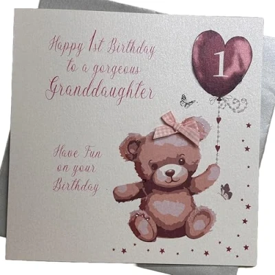 Image of White Cotton Cards Large Pink Bunny, Gorgeous Granddaughter 1 Have Fun Handmade 1st Birthday Card, XNGD1
