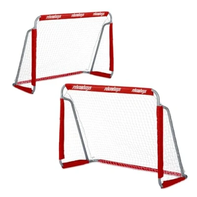 Image of Relaxdays Football Goals, Set of 2, Garden Play Equipment, Kids &amp; Adults, HWD 110 x 150 75 cm, Metal, Goalposts, Red, Iron, Polyester