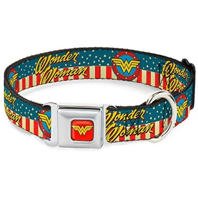 Image of Dog Collar Seatbelt Buckle Wonder Woman Logo Americana Red White Blue Yellow 18 to 32 Inches 1.5 Inch Wide