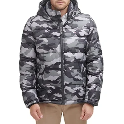 Image of Tommy Hilfiger Men&#039;s Down Alternative Hooded Puffer Jacket (Standard and Big &amp; Tall) Coat, Grey Camouflage, S