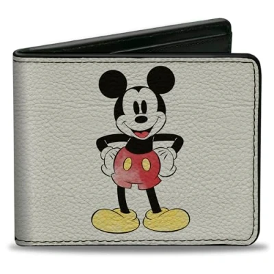 Image of Disney Wallet, Bifold, Mickey Mouse Standing Pose and Script White Black, Vegan Leather, Mouse, 4.0&quot; x 3.5&quot;