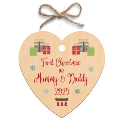 Image of Second Ave First Christmas as Mummy &amp; Daddy Wooden Hanging Heart Xmas Tree Decoration Bauble