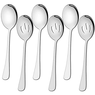 Image of 6 Pieces Serving Spoons Set 8.7 Inch, Includes 3 and Slotted Spoons, Stainless Steel Buffet Banquet Large Utensils Cutlery