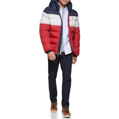 Image of Tommy Hilfiger Men&#039;s Hooded Puffer Jacket, Midnight/Ice/Red, XXL