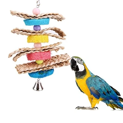 Image of Gemini_mall® Natural Loofah Straw Braid Chew Toy for Parrot Macaw African Greys Budgies Cockatoo Parakeet Cockatiels Conure Love bird Cage Toy, Random Color