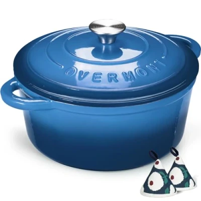 Image of Overmont 4.2L Enamelled Cast Iron Round Casserole Pot With Lid Cookbook &amp; Cotton Potholders Non stick Dutch Oven Cookware for Braising, Stews, Roasting, Bread Baking Blue, 24cm