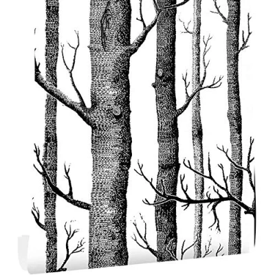 Image of Ohmywor Self Adhesive Wallpaper Birch Tree Peel and Stick Black White Vinyl Film Roll for Bedroom 45x600CM
