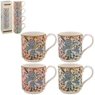 Image of Stacking Mugs Set of 4 W. Morris Golden Lily Ceramic Coffee Cup Vintage Design