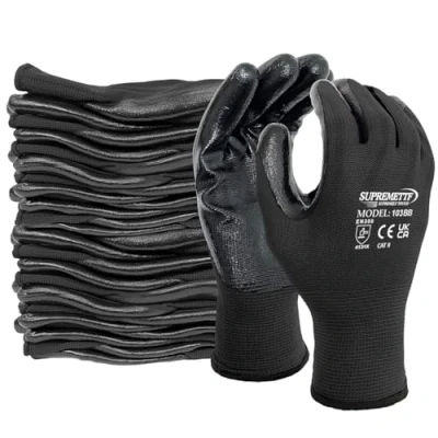 Image of SupremeTTF 240 Pairs NITRILE COATED Red Black White Work Gloves Automotive Builders Mechanic Constructions Gardening GRIP (Black Black, X Large [10])