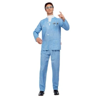 Image of Smiffys Thunderbirds Brains Costume, Blue with Jacket, Trousers, Wig &amp; Glasses, Officially Licensed Fancy Dress, Adult Dress Up Costumes