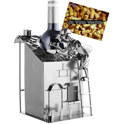 Image of BRUBAKER Wine Bottle Holder &#039;House with Roofer&#039; Metal Sculpture Including Greeting Card
