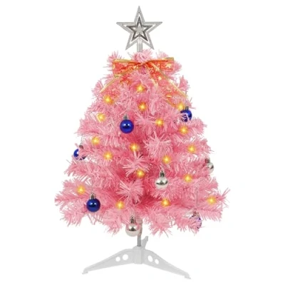 Image of AGM 1.8ft Pink Mini Christmas Tree with Lights, Small Tabletop Baubles for Indoor Outdoor Holiday Decoration