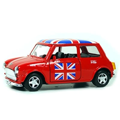 Image of Welly Mini Cooper Model (Red) with Union Jack Top Made of Die Cast Metal and Plastic Parts, Pull Back &amp; Go Action Toy 384R