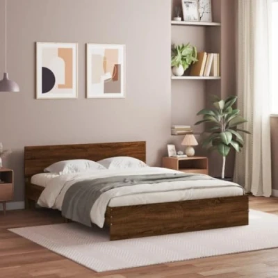 Image of vidaXL Brown Oak King Size Bed Frame with Headboard Modern Engineered Wood Bedroom Furniture, 150x200 cm, Plywood Slats, Finish