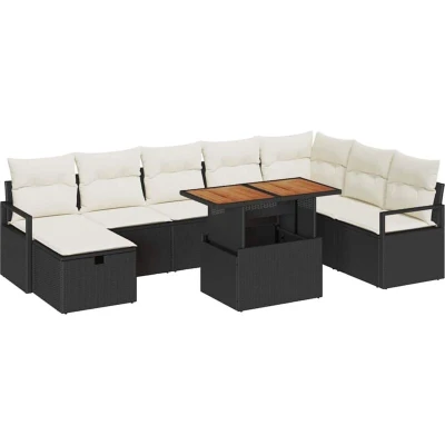 Image of vidaXL 9 Piece Garden Sofa Set with Cushions Black Poly Rattan