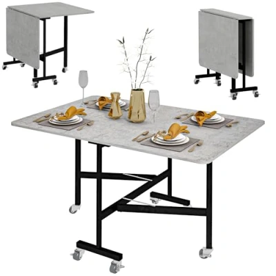 Image of HOMCOM Drop Leaf Table, Folding Dining Table with Metal Frame, Rolling Kitchen for Small Spaces, 120cm, Grey