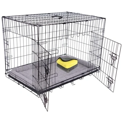 Image of Pretty Pooch Dog Crate Cage Puppy Cat Pet Training Carrier Metal Folding With Tray Double Door and Bed Two Cloths (XXL 48 Inch)